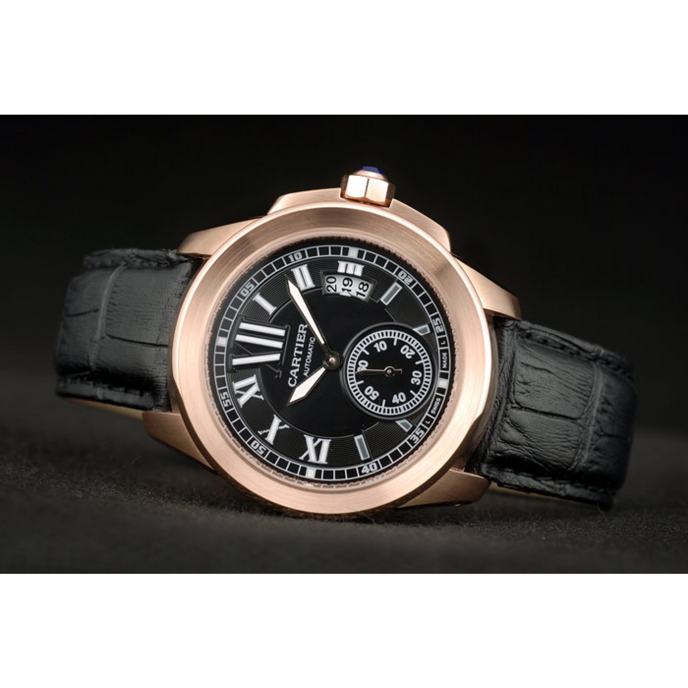 Rep Cartier Calibre Black Dial Gold Case Black Leather Bracelet