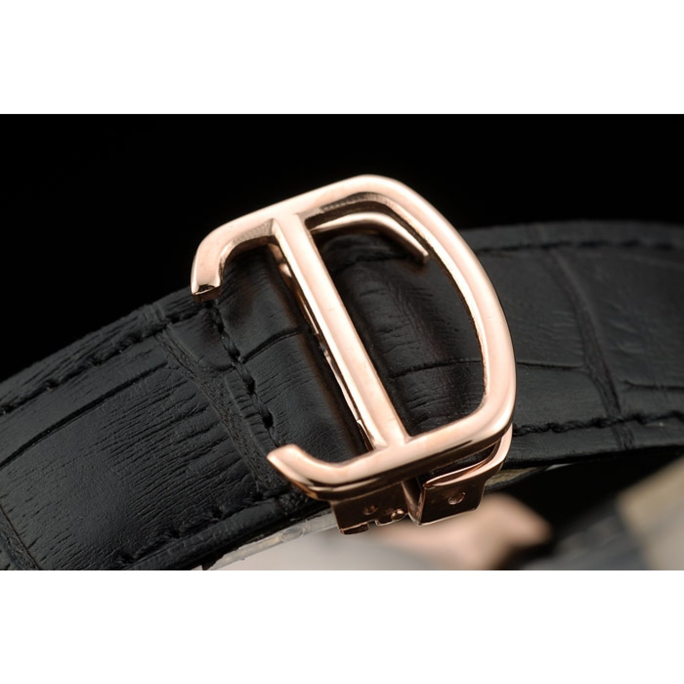 Rep Cartier Calibre Black Dial Gold Case Black Leather Bracelet