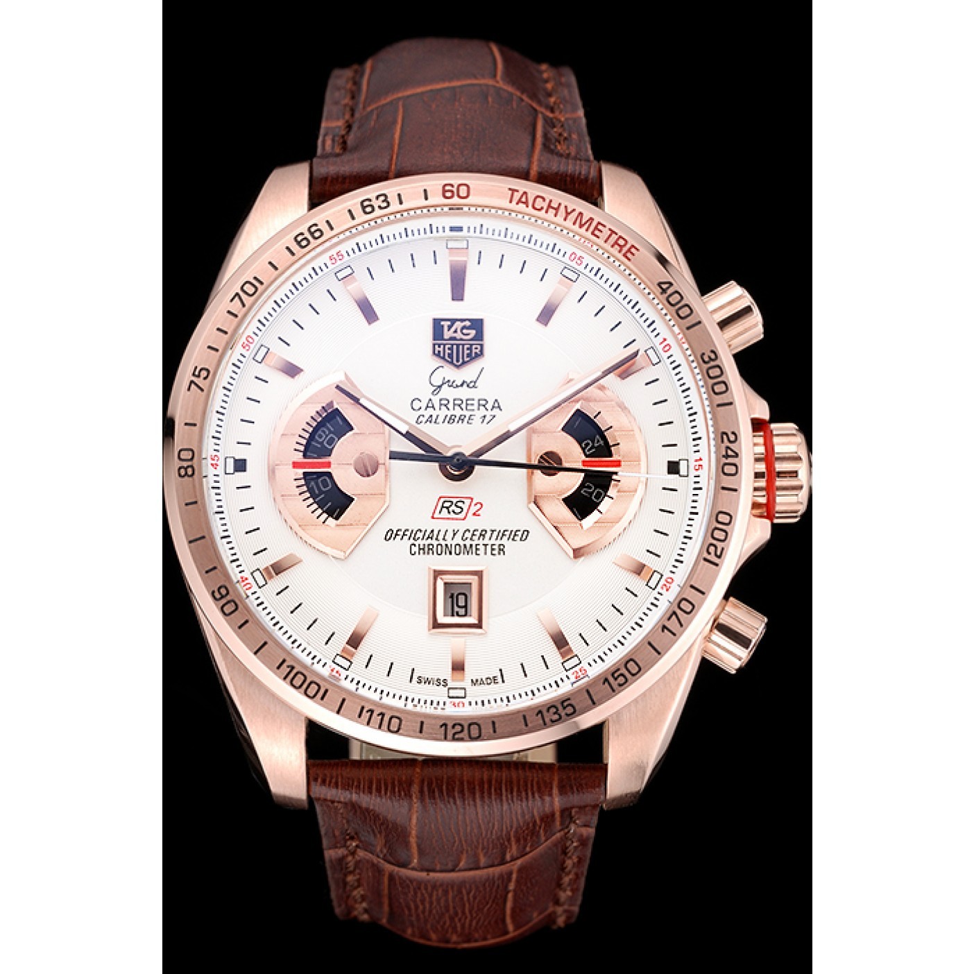 Tag Heuer Carrera Rose Gold Case White Dial Brown Leather Strap 98245