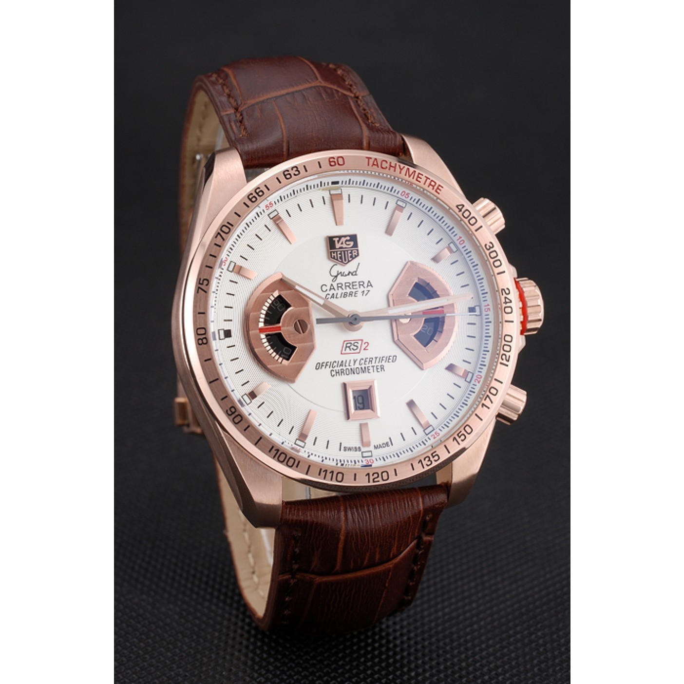 Tag Heuer Carrera Rose Gold Case White Dial Brown Leather Strap 98245