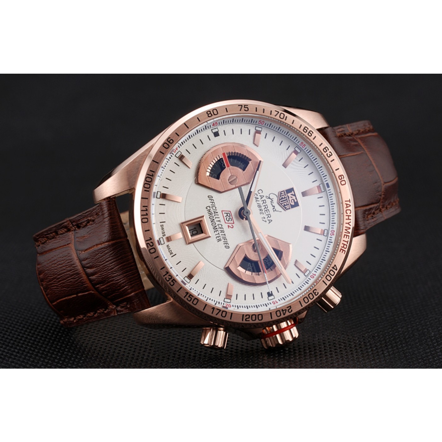 Tag Heuer Carrera Rose Gold Case White Dial Brown Leather Strap 98245