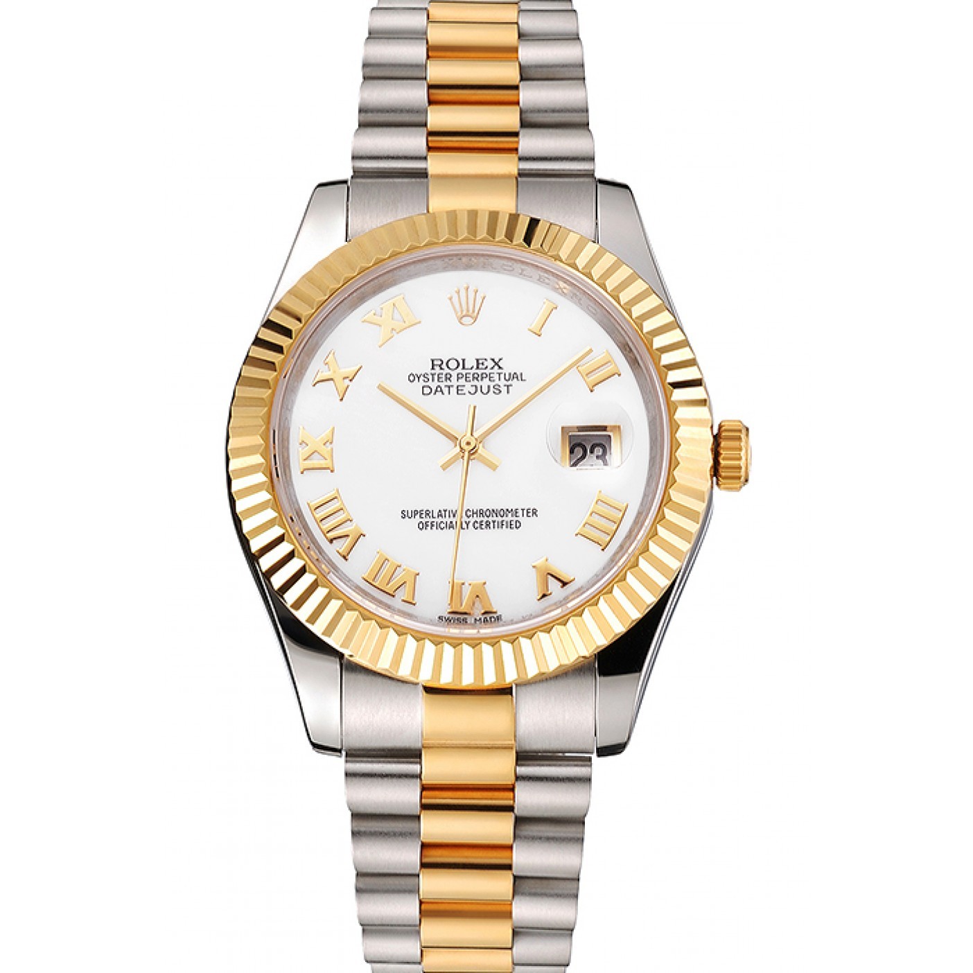 Swiss Rolex Datejust White Dial Roman Numerals Gold Bezel Stainless Steel Case Two Tone Bracelet