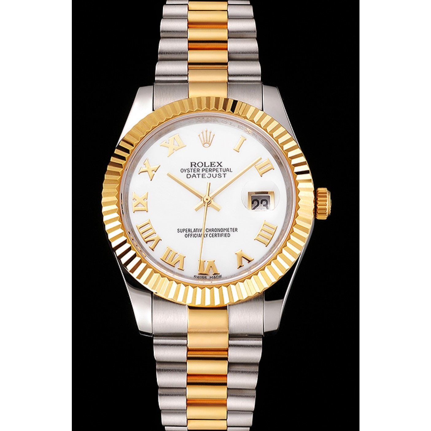 RepTime Watches Swiss Rolex Datejust White Dial Roman Numerals Gold Bezel Stainless Steel Case Two Tone Bracelet