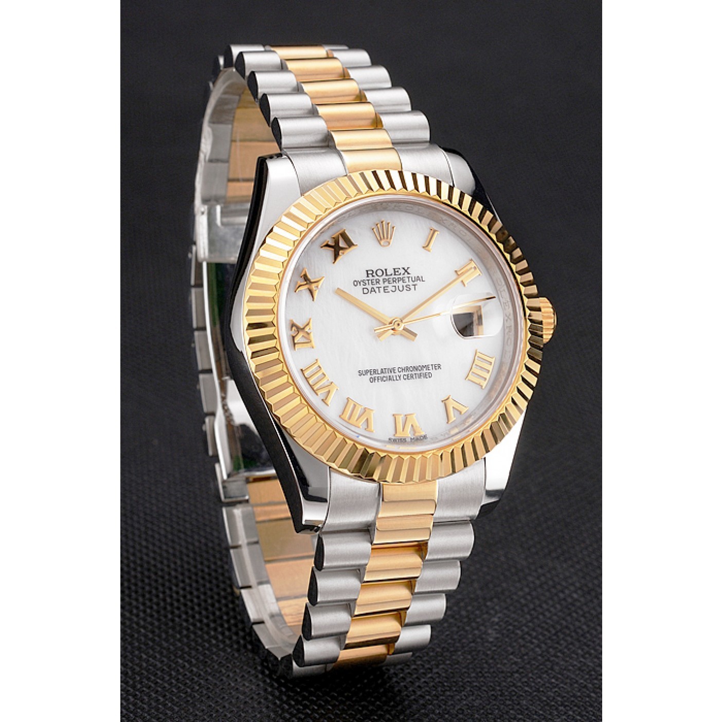 Swiss Rolex Datejust White Dial Roman Numerals Gold Bezel Stainless Steel Case Two Tone Bracelet