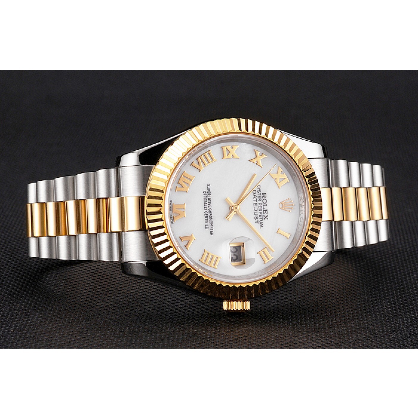 RepTime Watches Swiss Rolex Datejust White Dial Roman Numerals Gold Bezel Stainless Steel Case Two Tone Bracelet