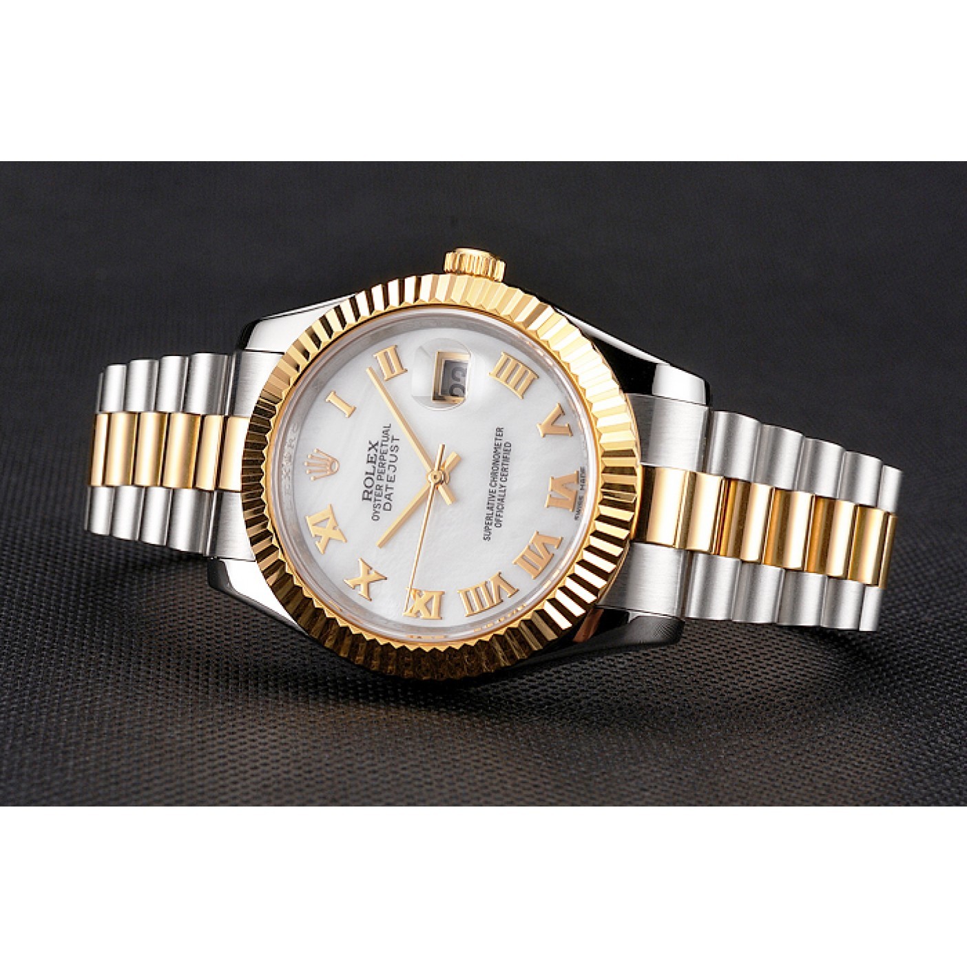 Swiss Rolex Datejust White Dial Roman Numerals Gold Bezel Stainless Steel Case Two Tone Bracelet