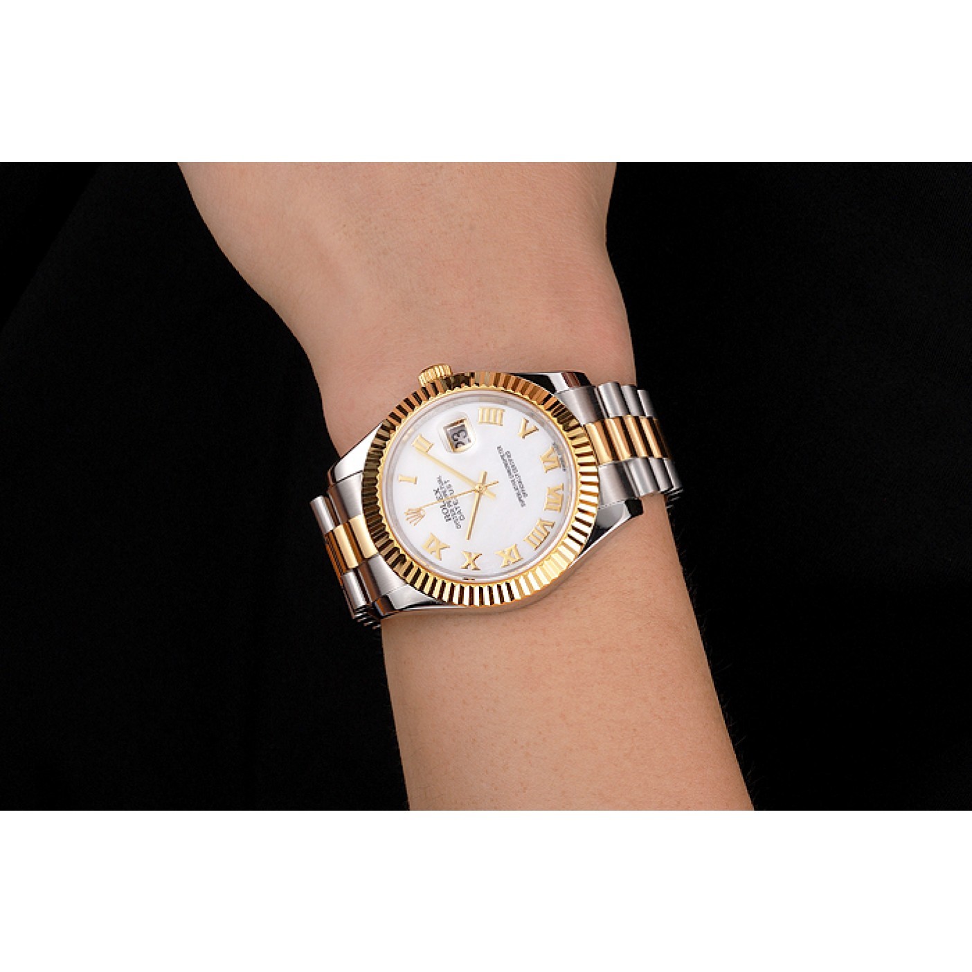 Swiss Rolex Datejust White Dial Roman Numerals Gold Bezel Stainless Steel Case Two Tone Bracelet