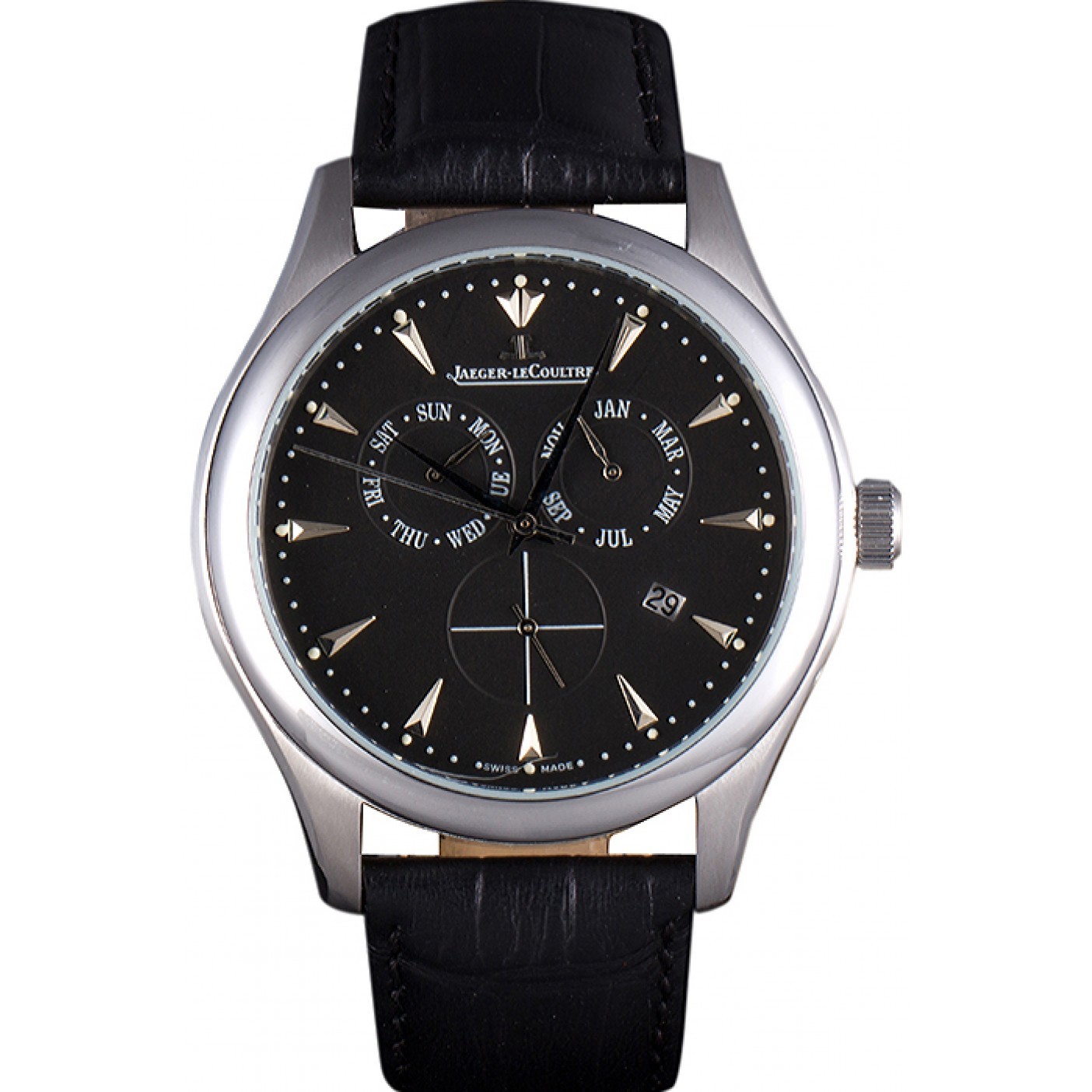 Jaeger Lecoultre Master Silver Bezel Black Leather Band 621615