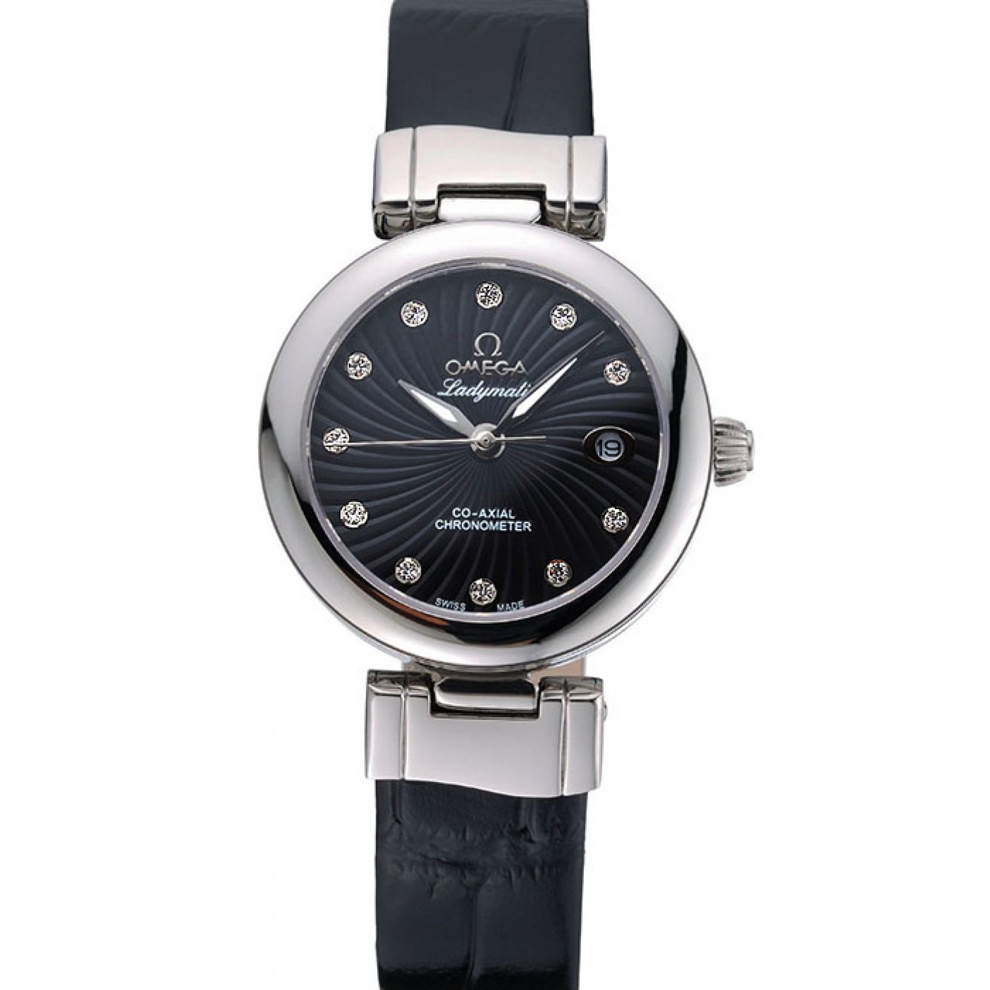 Omega Ladymatic Black Dial Black Leather Bracelet 622458