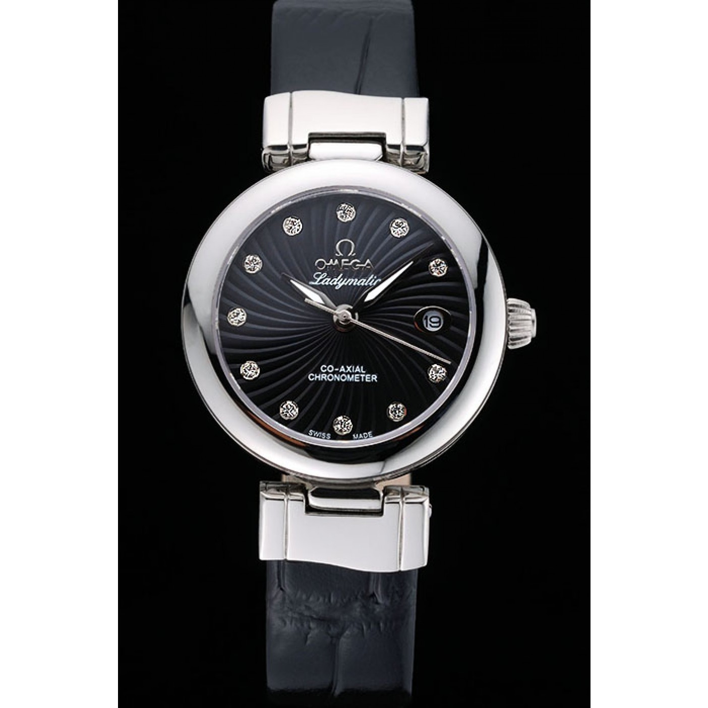 Omega Ladymatic Black Dial Black Leather Bracelet 622458