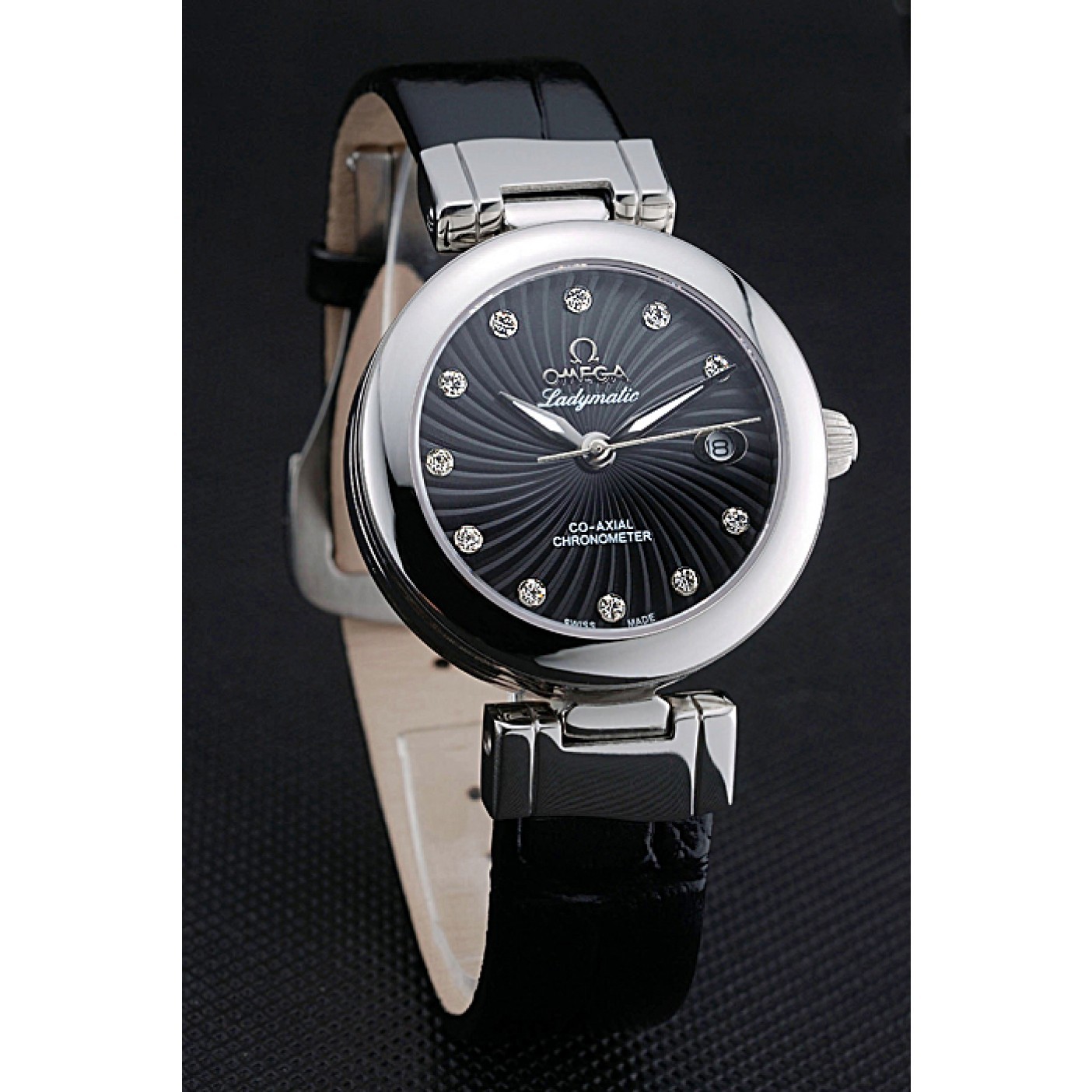 Omega Ladymatic Black Dial Black Leather Bracelet 622458