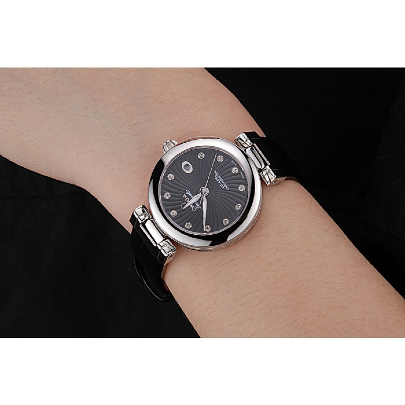 Omega Ladymatic Black Dial Black Leather Bracelet 622458