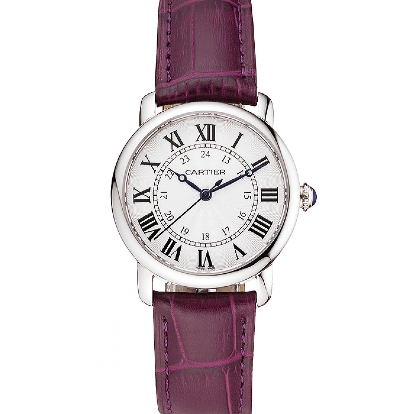 Cartier Ronde White Dial Stainless Steel Case Purple Leather Strap