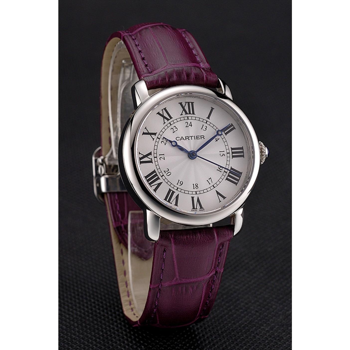 Cartier Ronde White Dial Stainless Steel Case Purple Leather Strap