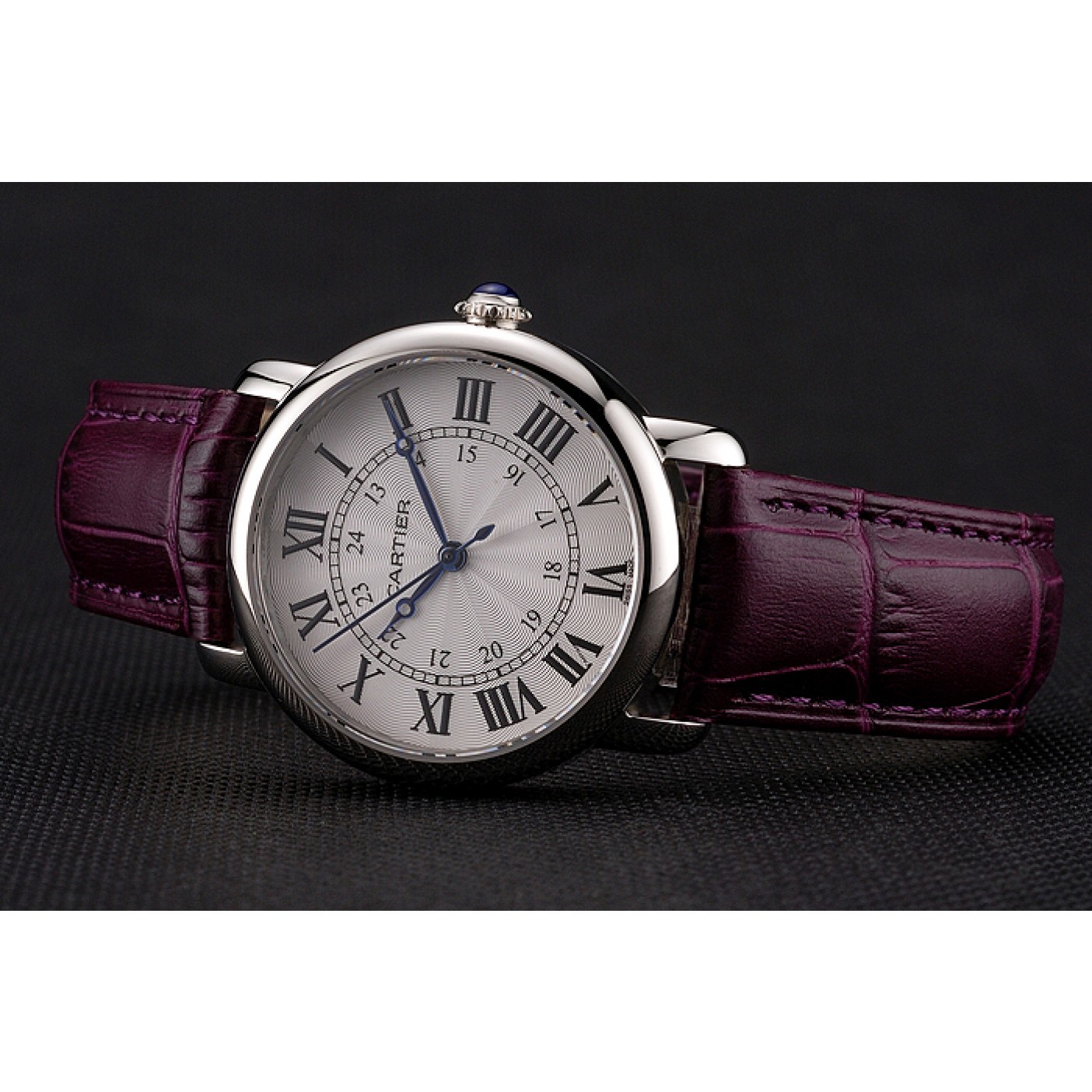 Cartier Ronde White Dial Stainless Steel Case Purple Leather Strap