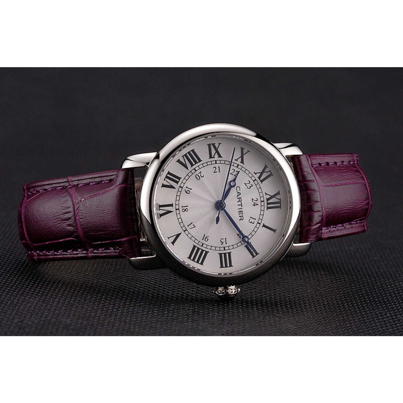 Cartier Ronde White Dial Stainless Steel Case Purple Leather Strap