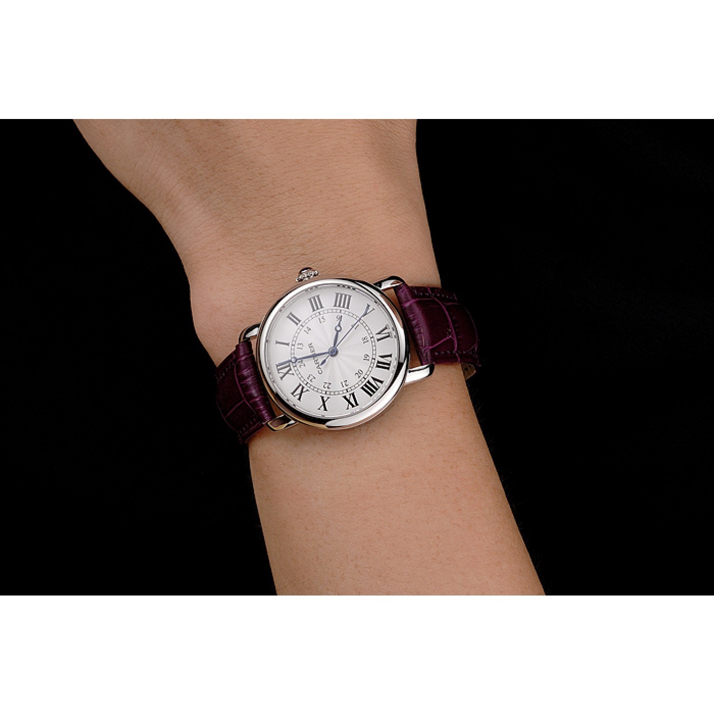 Cartier Ronde White Dial Stainless Steel Case Purple Leather Strap