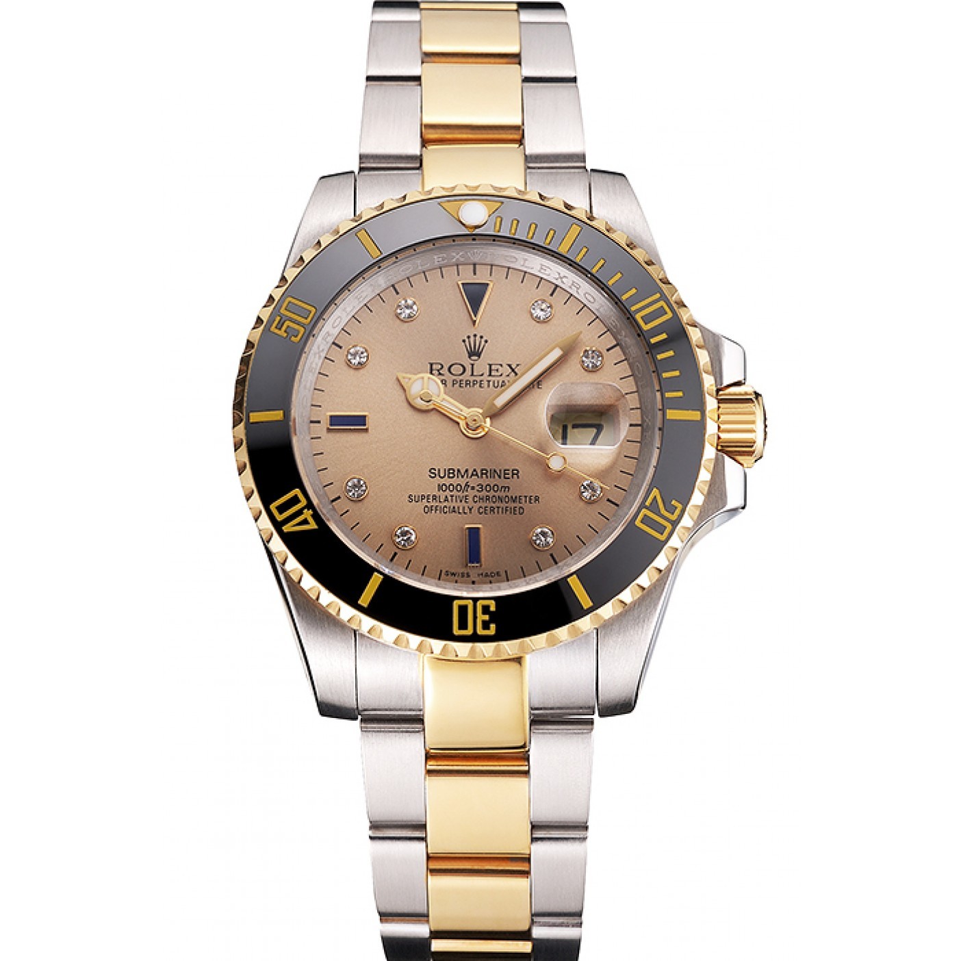 Swiss Rolex Submariner Gold Dial Diamond Markings Black Bezel Two Tone Steel Gold Bracelet