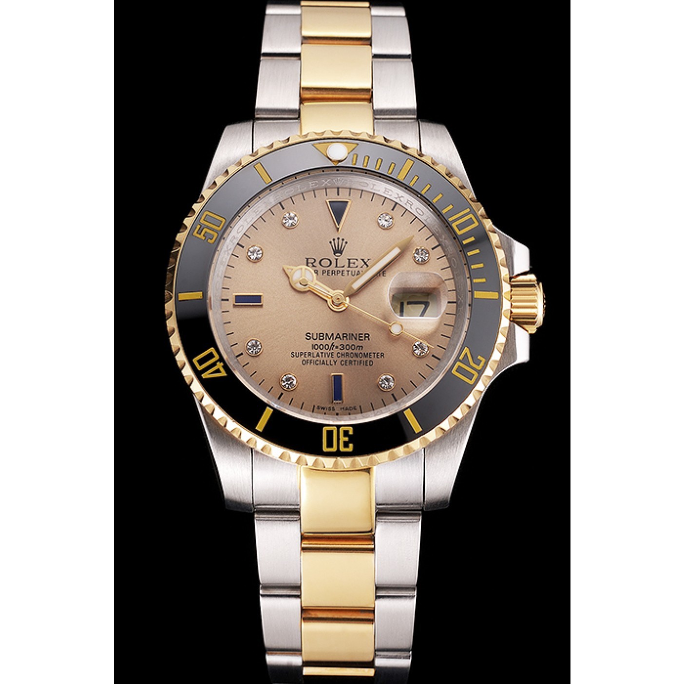 Swiss Rolex Submariner Gold Dial Diamond Markings Black Bezel Two Tone Steel Gold Bracelet