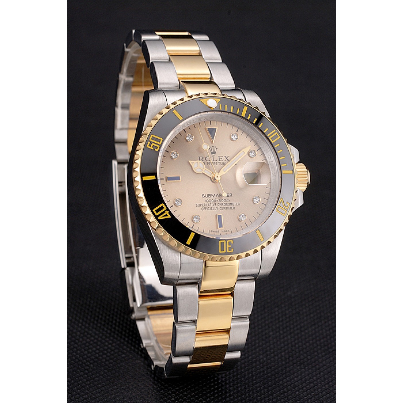 RepTime Watches Swiss Rolex Submariner Gold Dial Diamond Markings Black Bezel Two Tone Steel Gold Bracelet