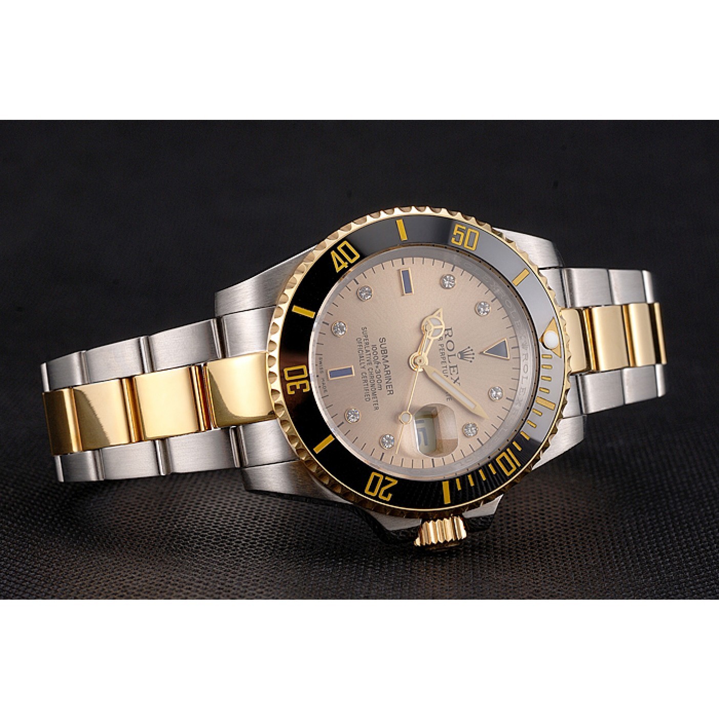 Swiss Rolex Submariner Gold Dial Diamond Markings Black Bezel Two Tone Steel Gold Bracelet