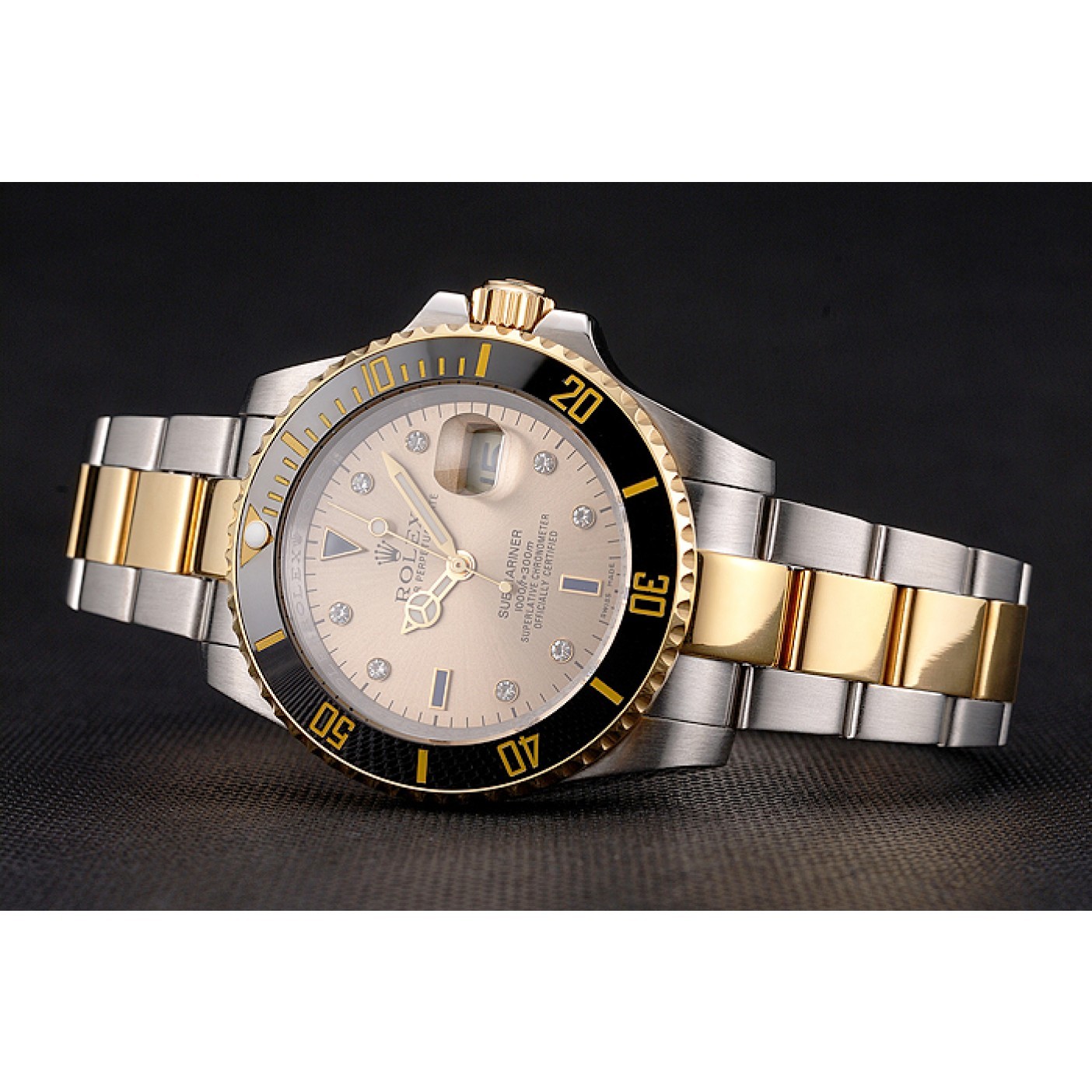 RepTime Watches Swiss Rolex Submariner Gold Dial Diamond Markings Black Bezel Two Tone Steel Gold Bracelet