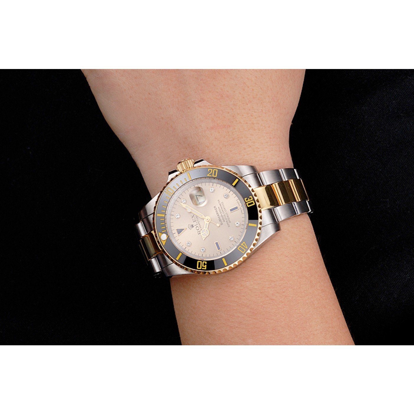 RepTime Watches Swiss Rolex Submariner Gold Dial Diamond Markings Black Bezel Two Tone Steel Gold Bracelet