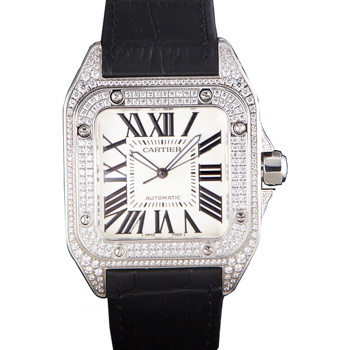 Swiss Cartier Santos Silver Bezel with Diamonds and Black Leather Strap sct47 621531