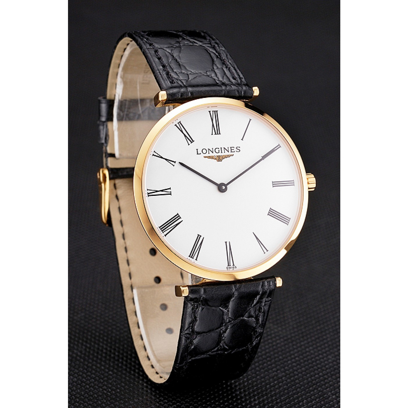 Swiss Longines Grande Classique White Dial Roman Numerals Gold Case Black Leather Strap