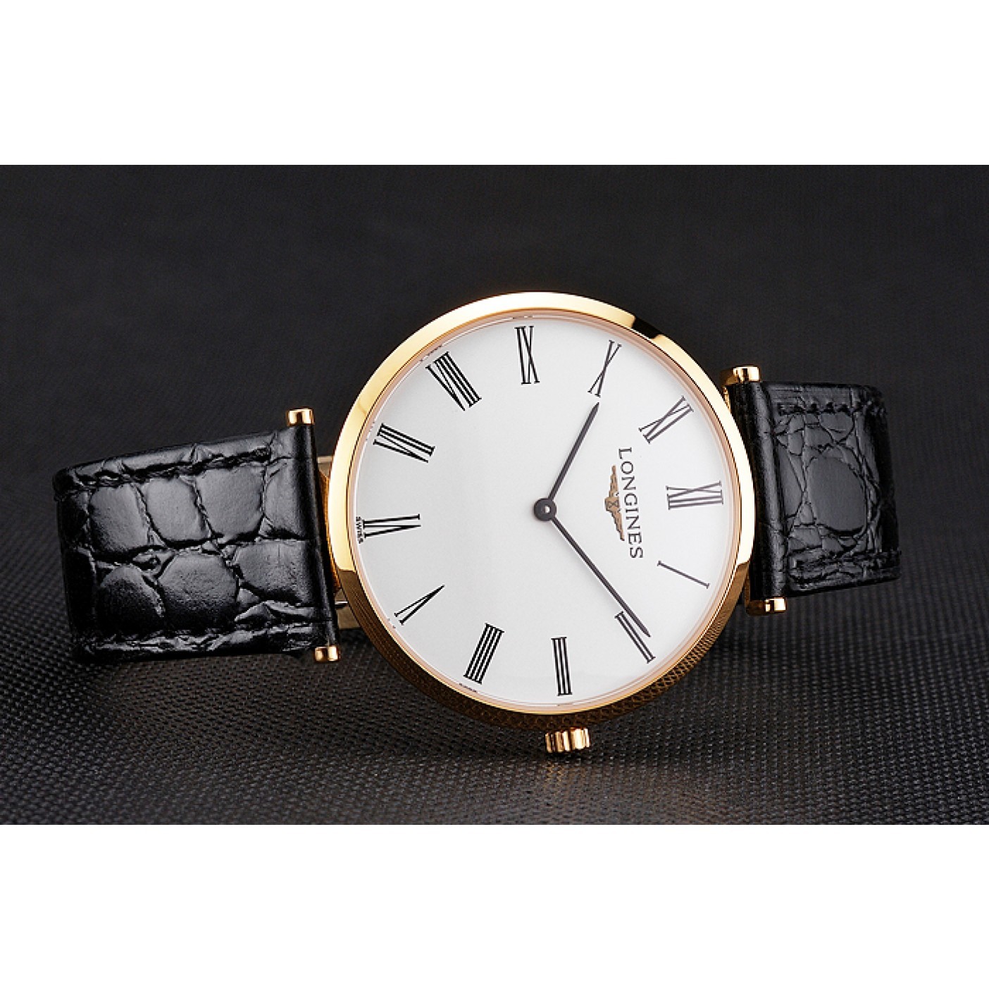 Swiss Longines Grande Classique White Dial Roman Numerals Gold Case Black Leather Strap