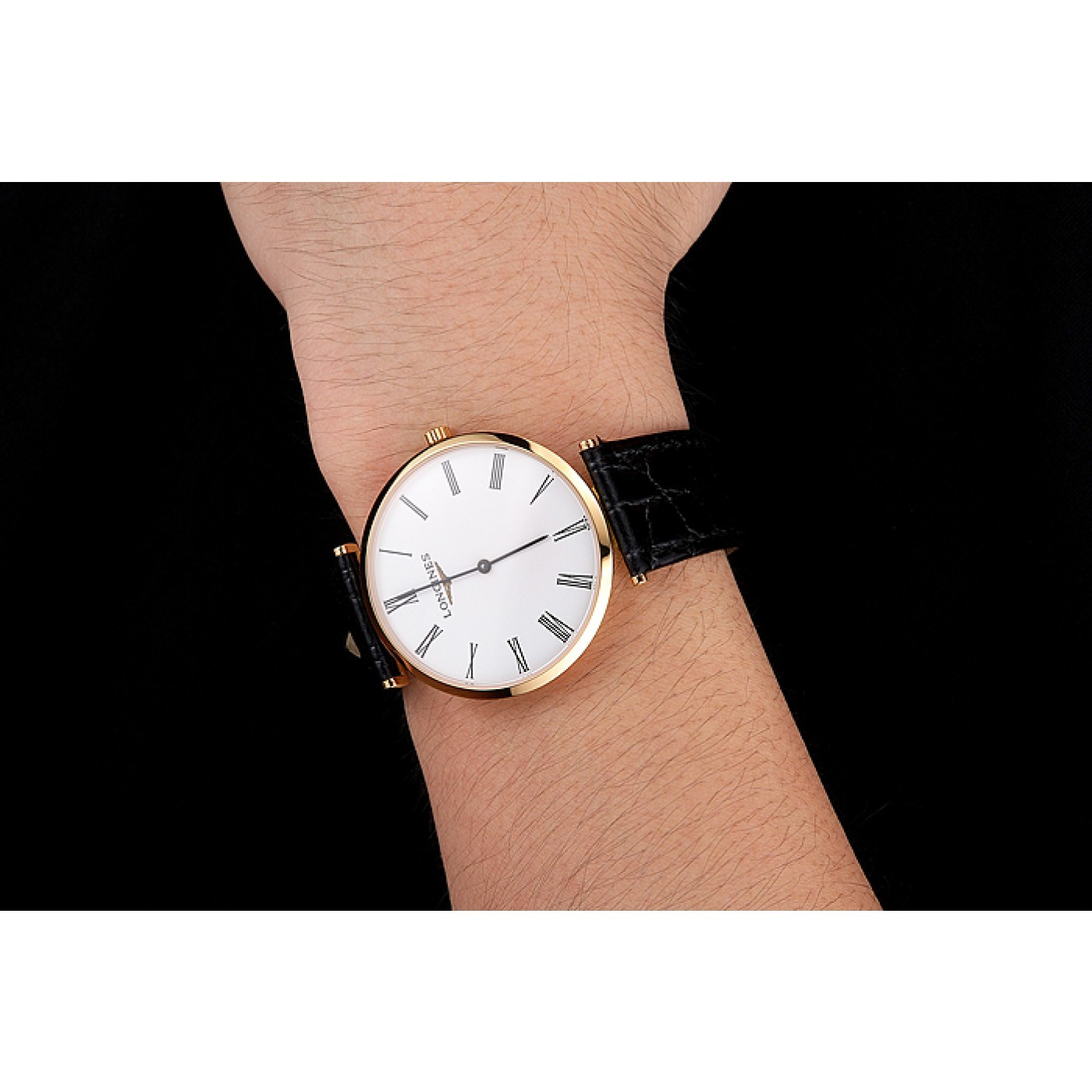 Swiss Longines Grande Classique White Dial Roman Numerals Gold Case Black Leather Strap