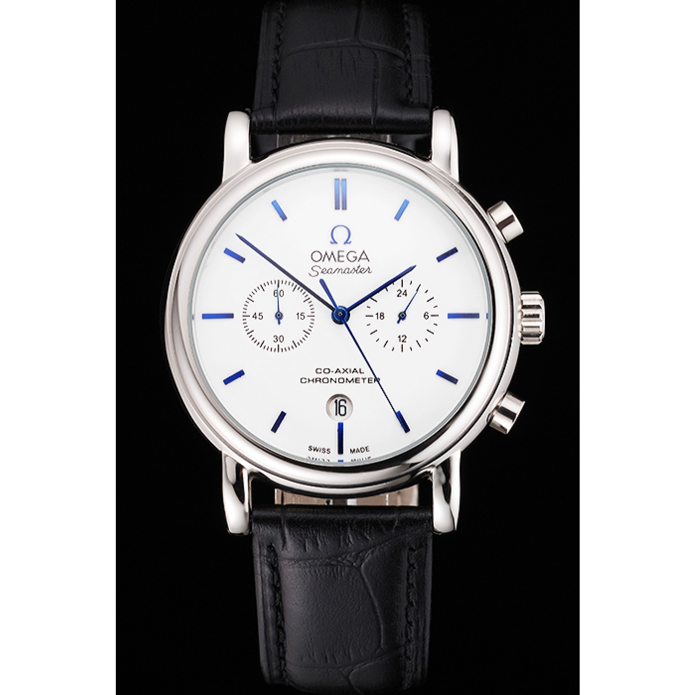 Omega Seamaster Vintage Chronograph White Dial Blue Hour Marks Stainless Steel Case Black Leather Strap