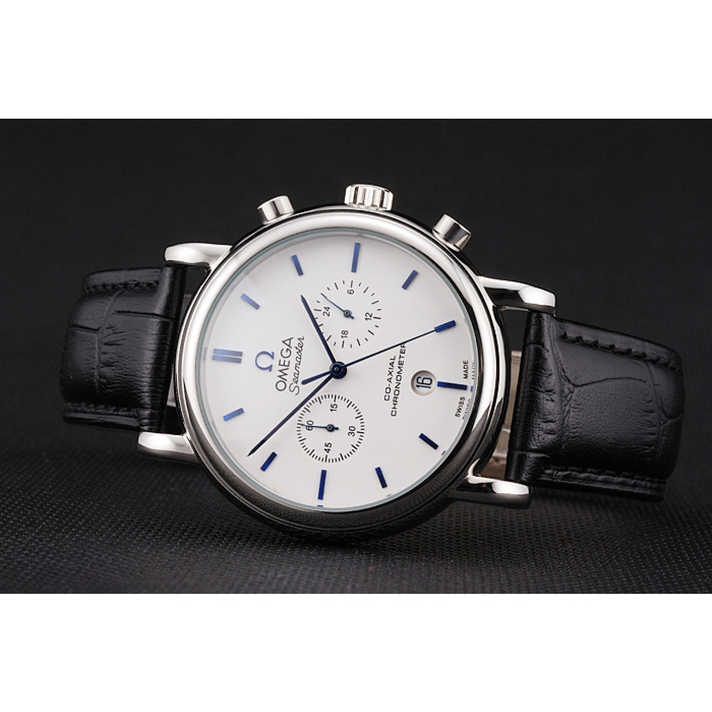 Omega Seamaster Vintage Chronograph White Dial Blue Hour Marks Stainless Steel Case Black Leather Strap