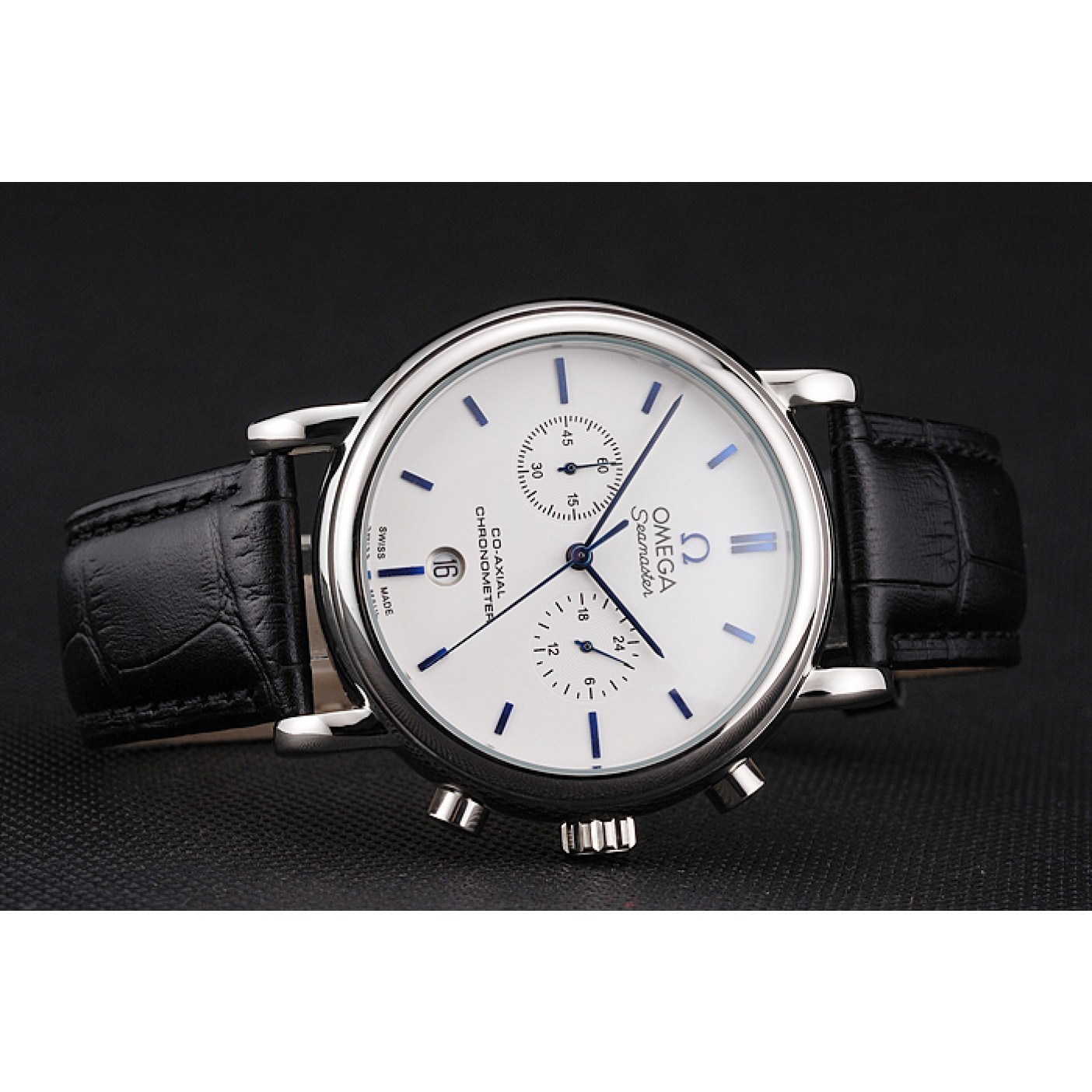 Omega Seamaster Vintage Chronograph White Dial Blue Hour Marks Stainless Steel Case Black Leather Strap