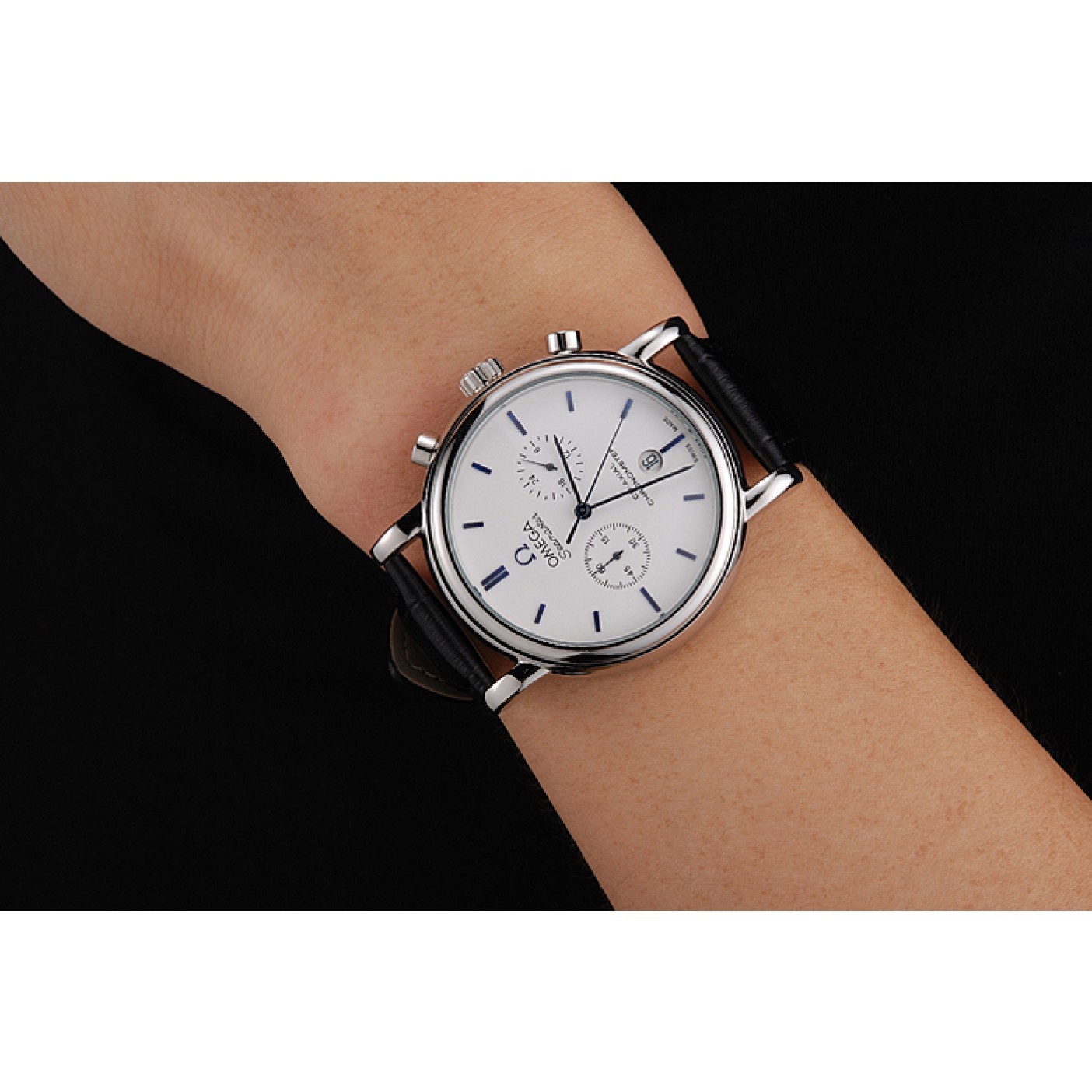 Omega Seamaster Vintage Chronograph White Dial Blue Hour Marks Stainless Steel Case Black Leather Strap