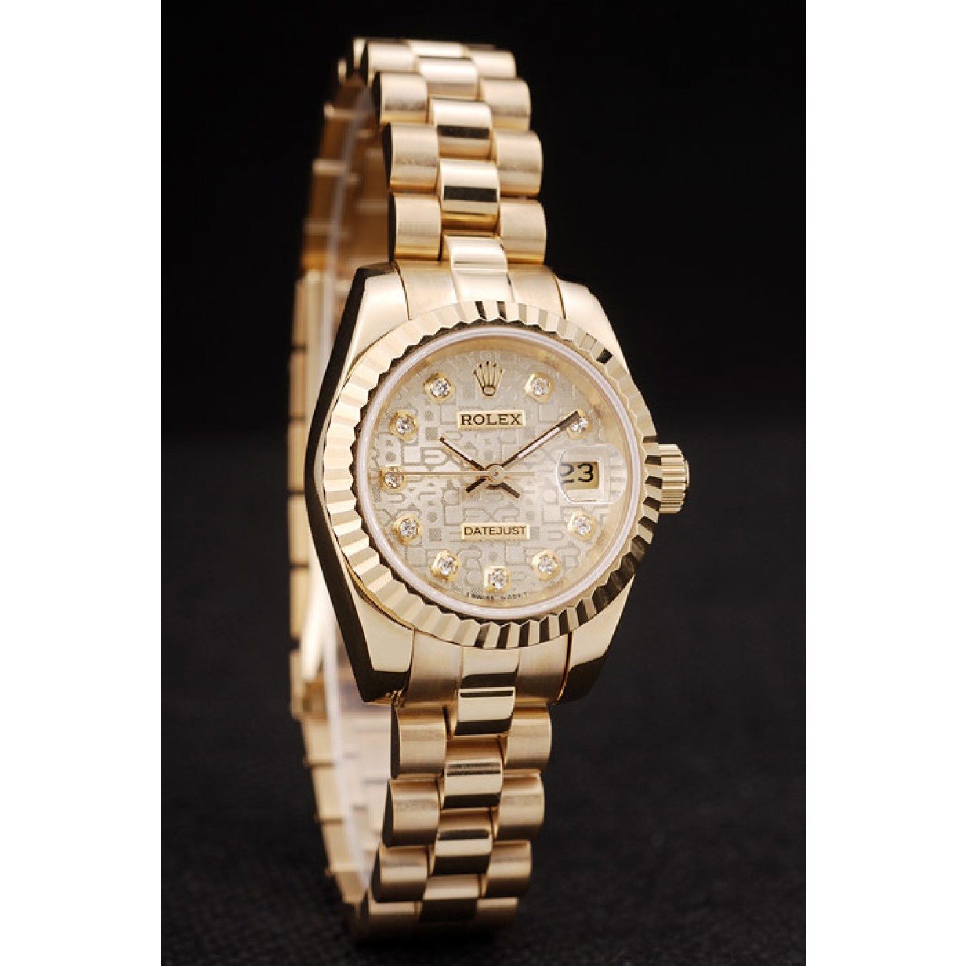 Rolex DateJust Ribbed Pattern Gold Bezel Gold Dial