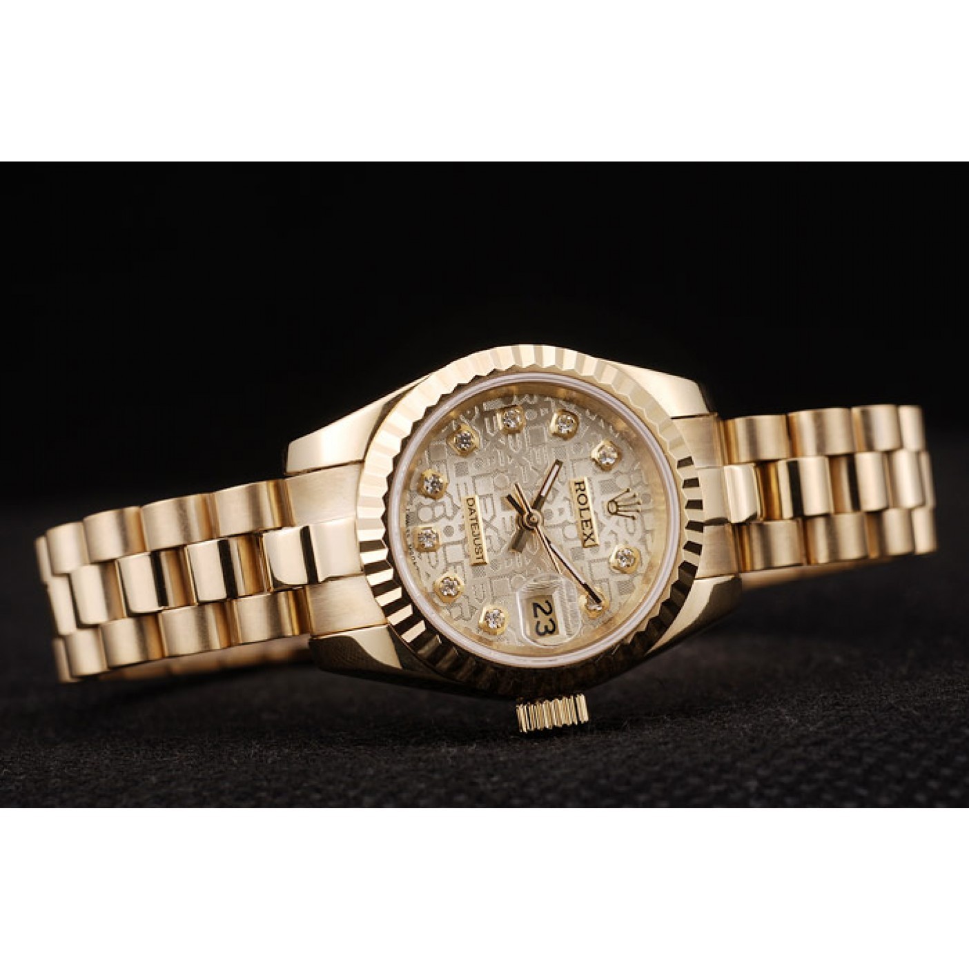 Affordable Rolex DateJust Ribbed Pattern Gold Bezel Gold Dial