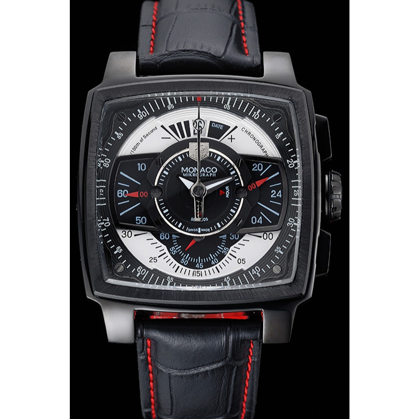 Tag Heuer Monaco Black-Red Perforated Leather Strap Black Dial 80309