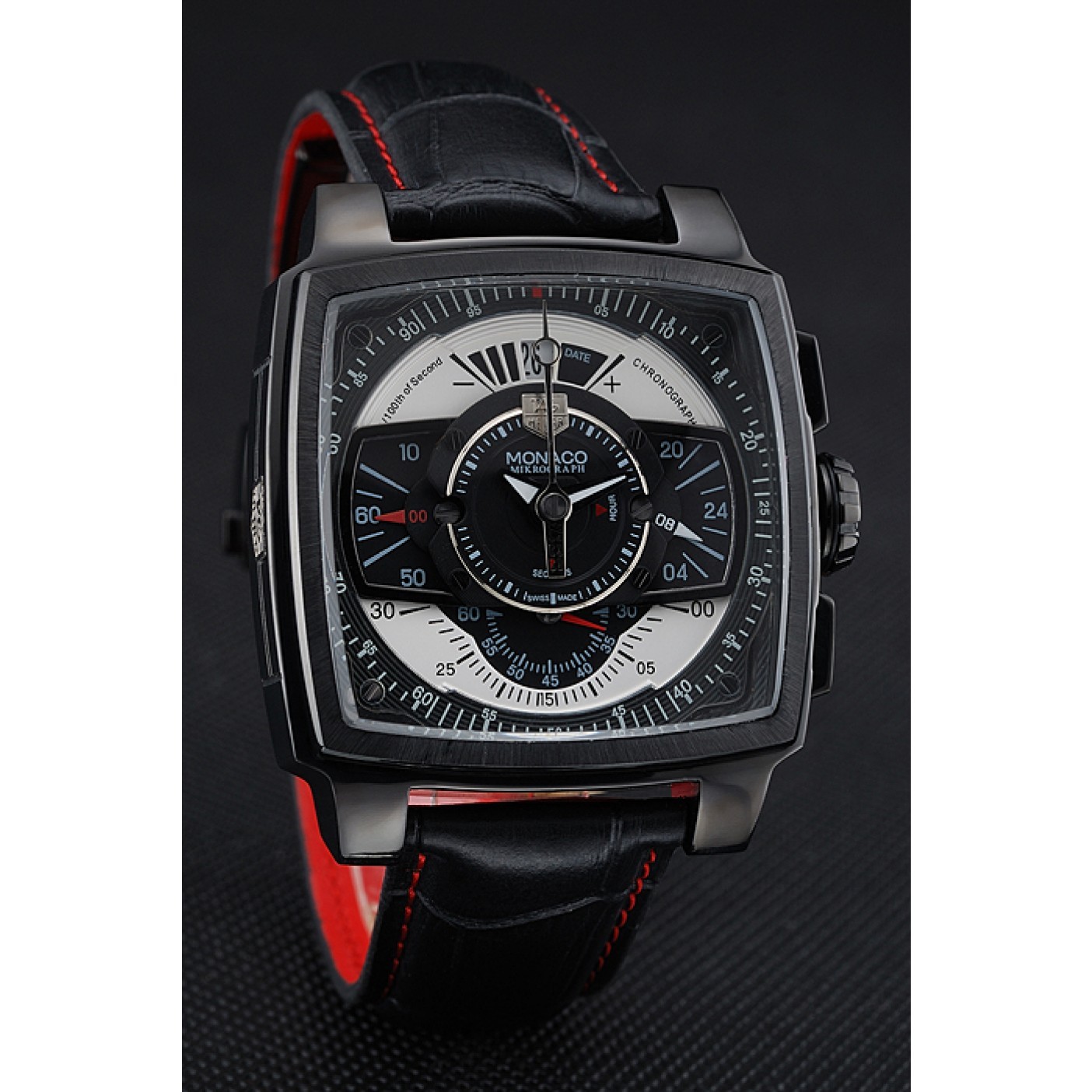 Tag Heuer Monaco Black-Red Perforated Leather Strap Black Dial 80309