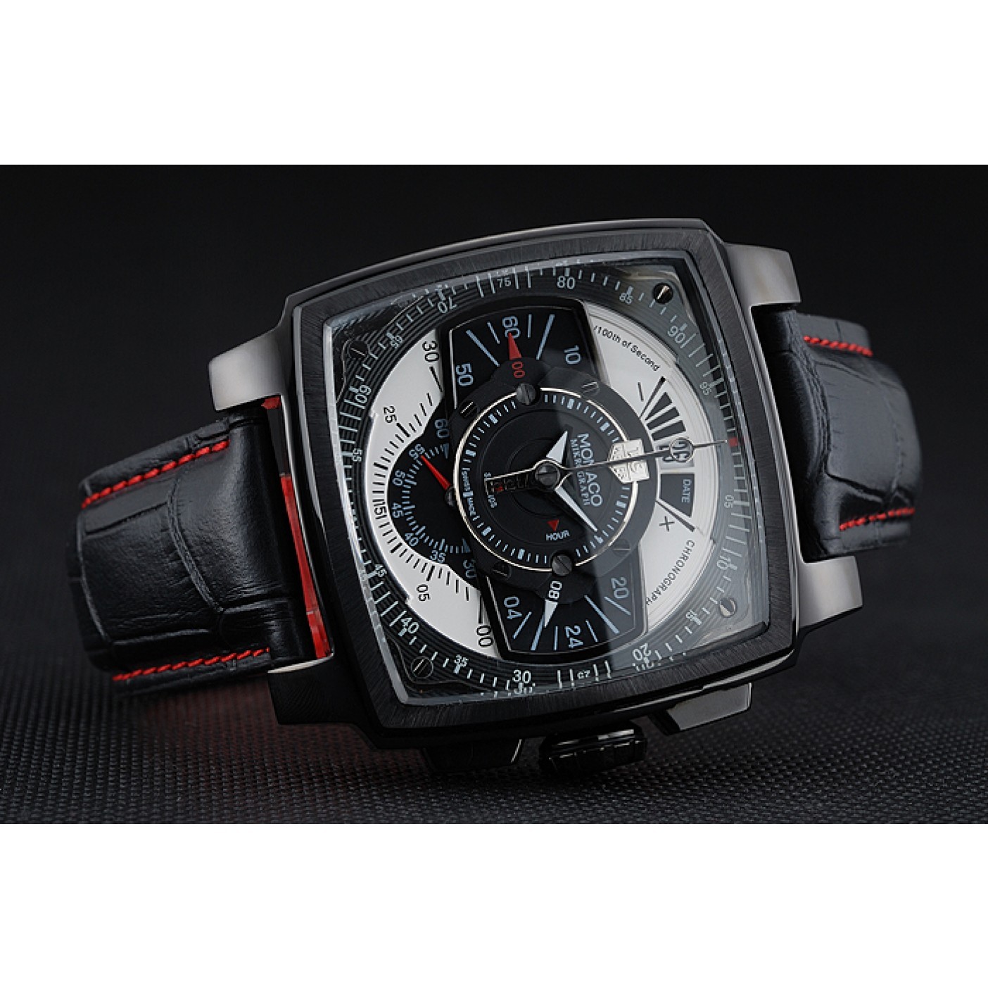 Tag Heuer Monaco Black-Red Perforated Leather Strap Black Dial 80309