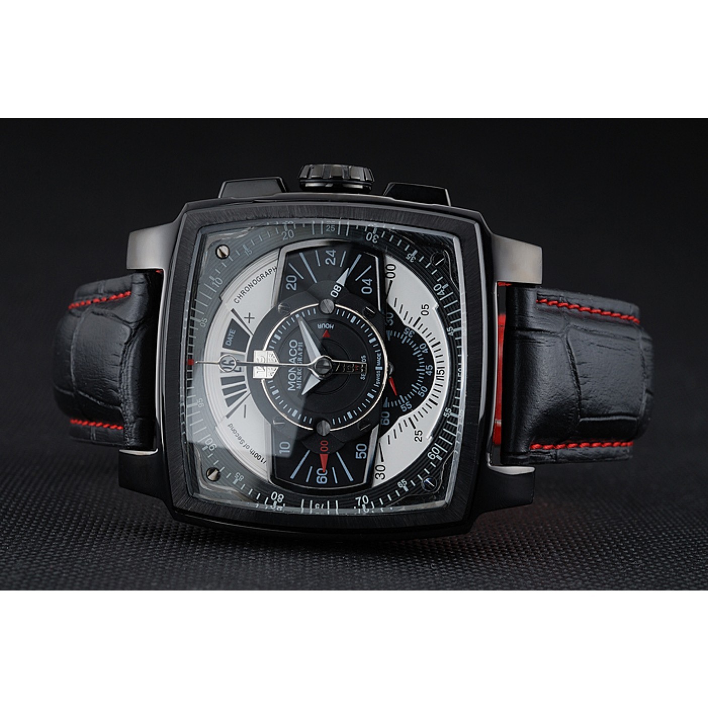 Tag Heuer Monaco Black-Red Perforated Leather Strap Black Dial 80309