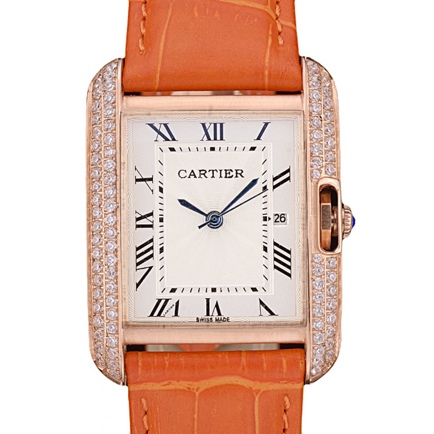 Cartier Tank Anglaise 30mm White Dial Diamonds Gold Case Orange Leather Bracelet