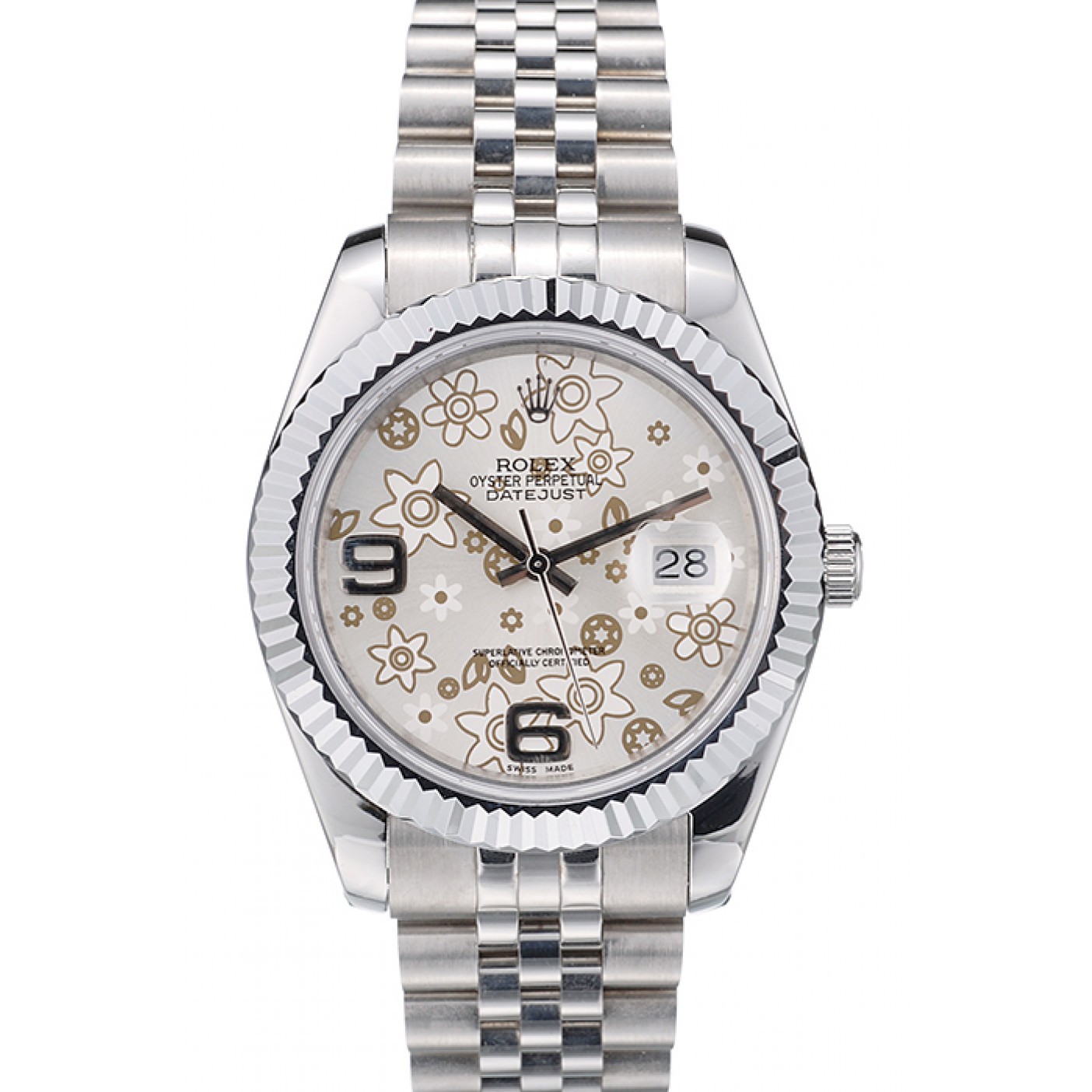 RepTime Watches Rolex Swiss DateJust Stainless Steel Ribbed Bezel Flower Silver Dial 42001