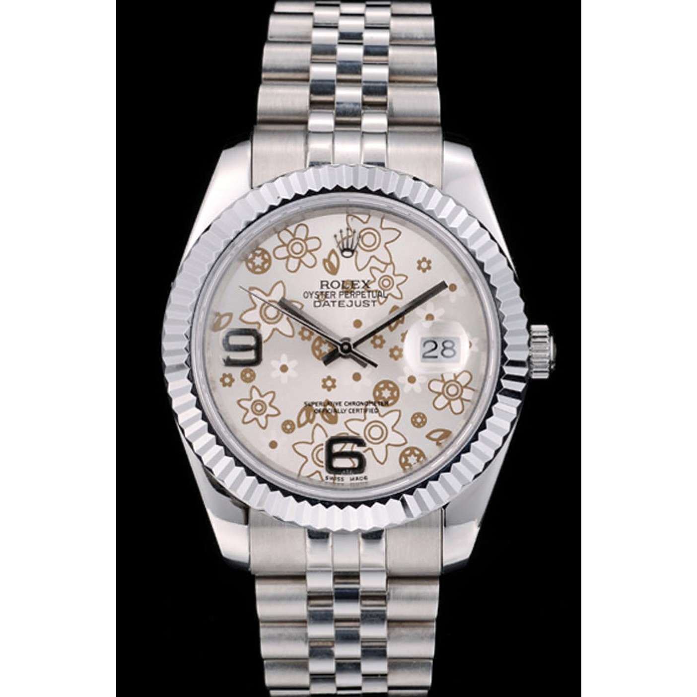 RepTime Watches Rolex Swiss DateJust Stainless Steel Ribbed Bezel Flower Silver Dial 42001