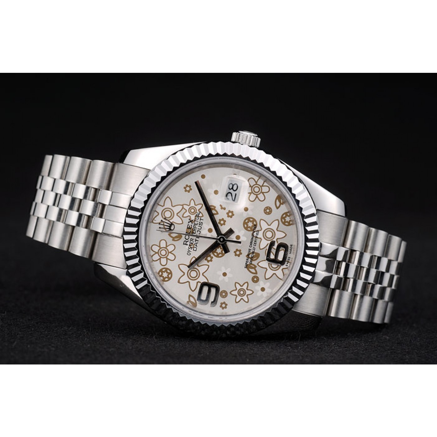 Rolex Swiss DateJust Stainless Steel Ribbed Bezel Flower Silver Dial 42001