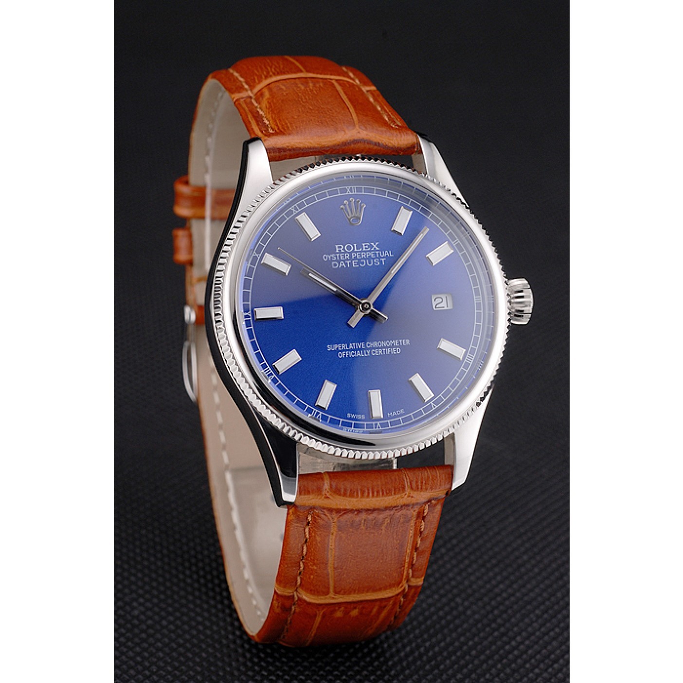 Swiss Rolex Datejust Blue Dial Stainless Steel Case Light Brown Leather Strap