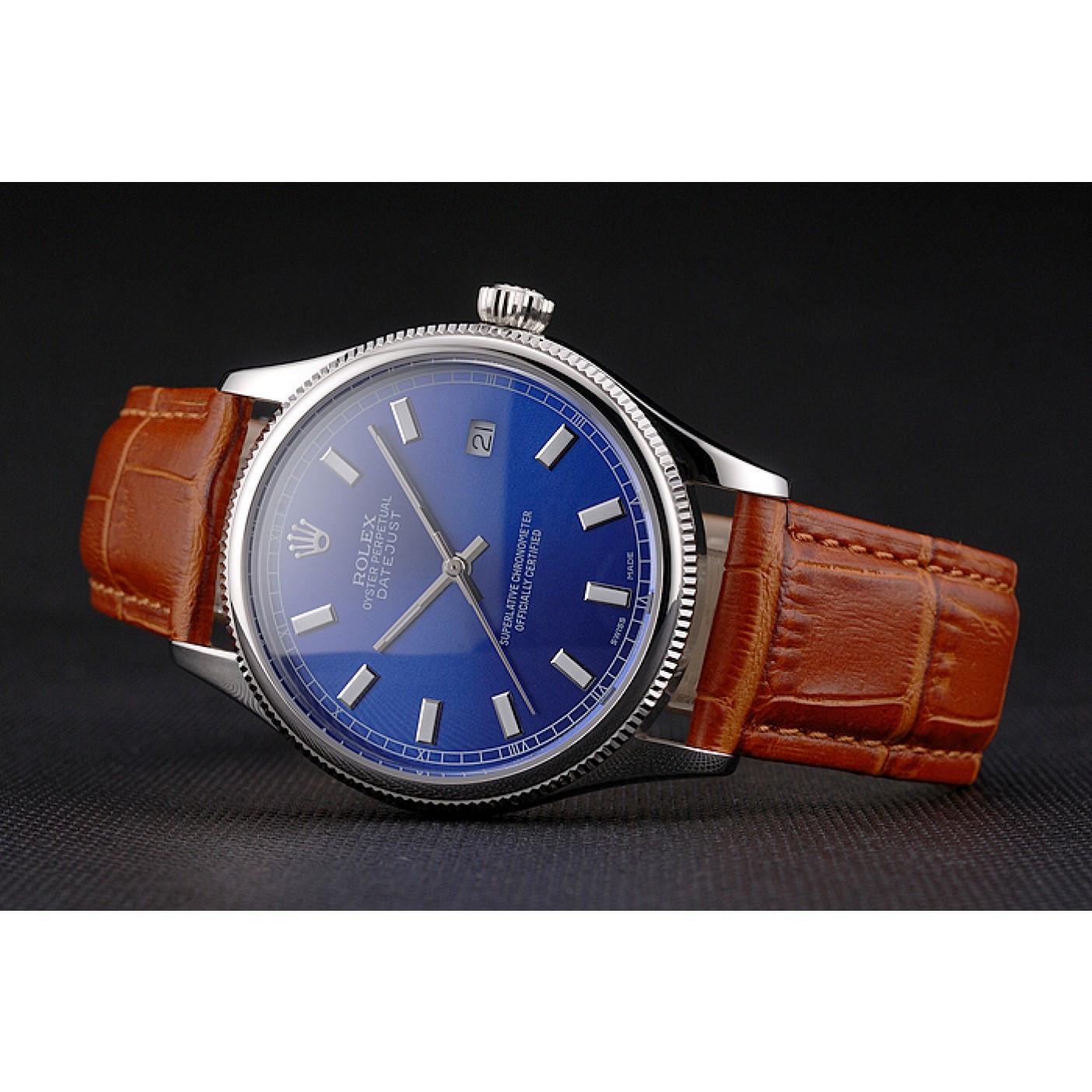 Swiss Rolex Datejust Blue Dial Stainless Steel Case Light Brown Leather Strap