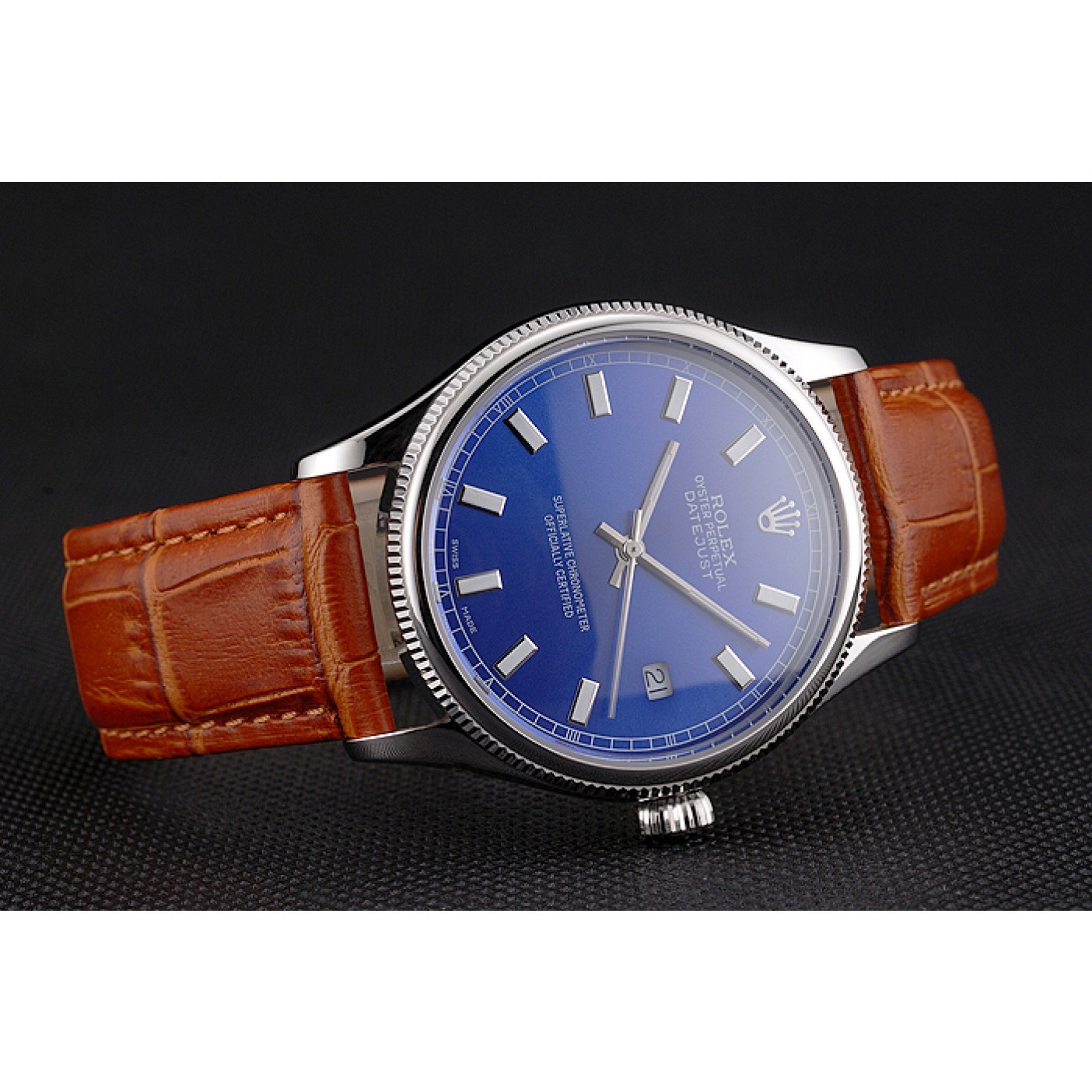 Swiss Rolex Datejust Blue Dial Stainless Steel Case Light Brown Leather Strap