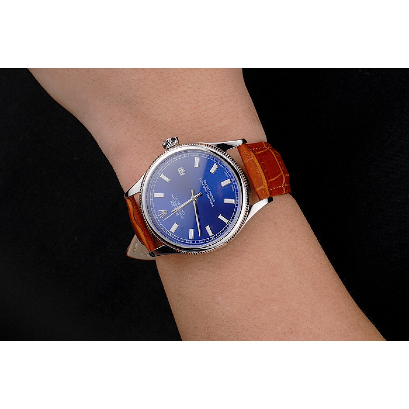 Swiss Rolex Datejust Blue Dial Stainless Steel Case Light Brown Leather Strap