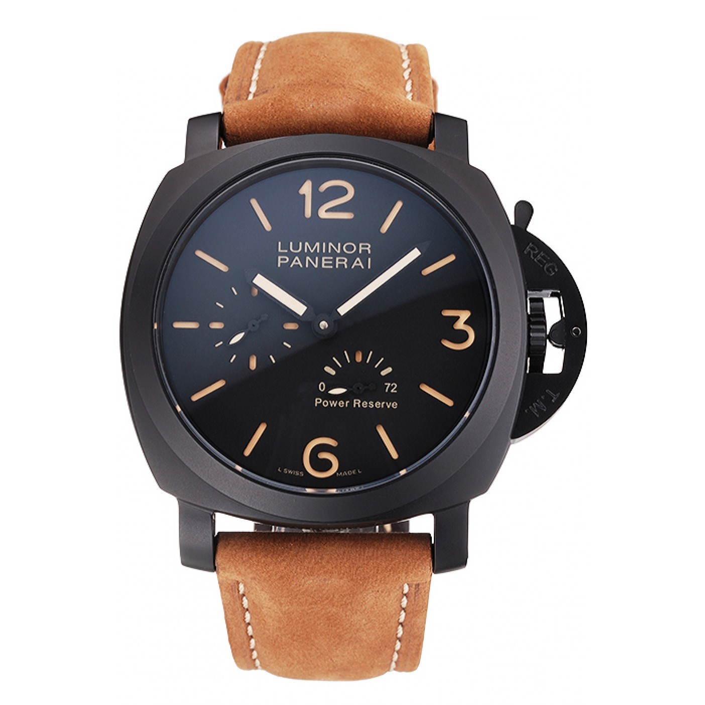 Panerai Luminor 1950 3 Days Power Reserve Black Dial Black Case Brown Suede Leather Strap